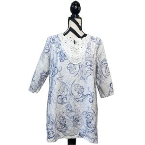 Elena Baldi 100% Linen Sz L Embroidered Floral 3/4 Sleeve Blouse